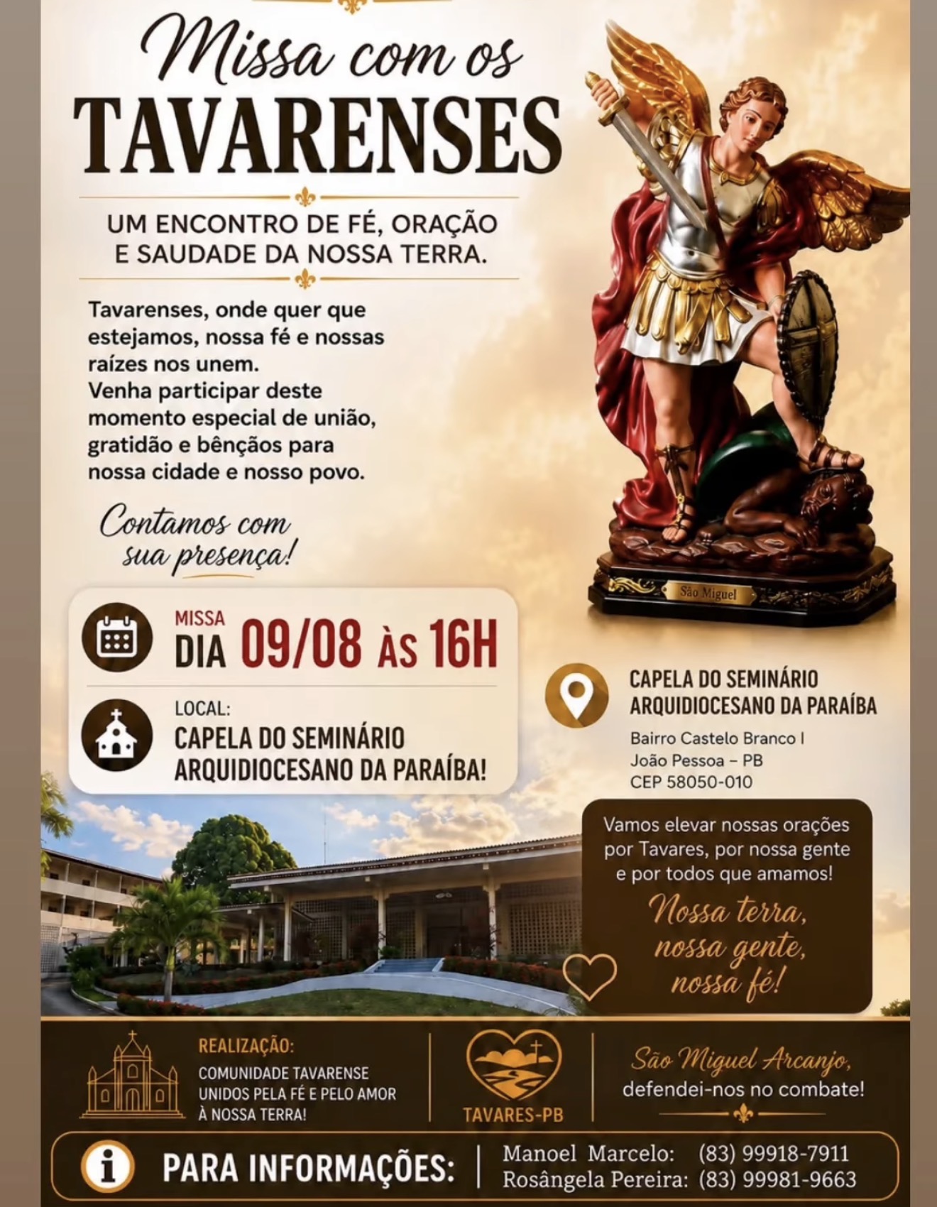 Missa reunirá tavarenses em João Pessoa no dia 9 de agosto
