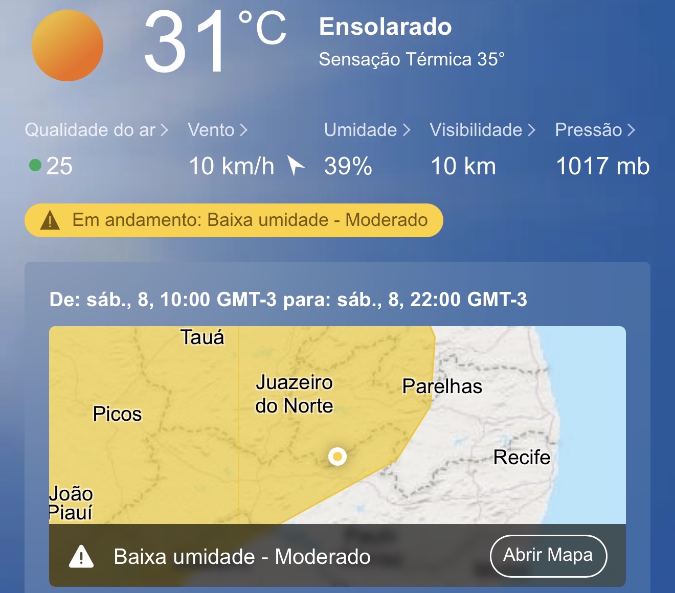 Domingo de calor intenso e baixa umidade em Tavares