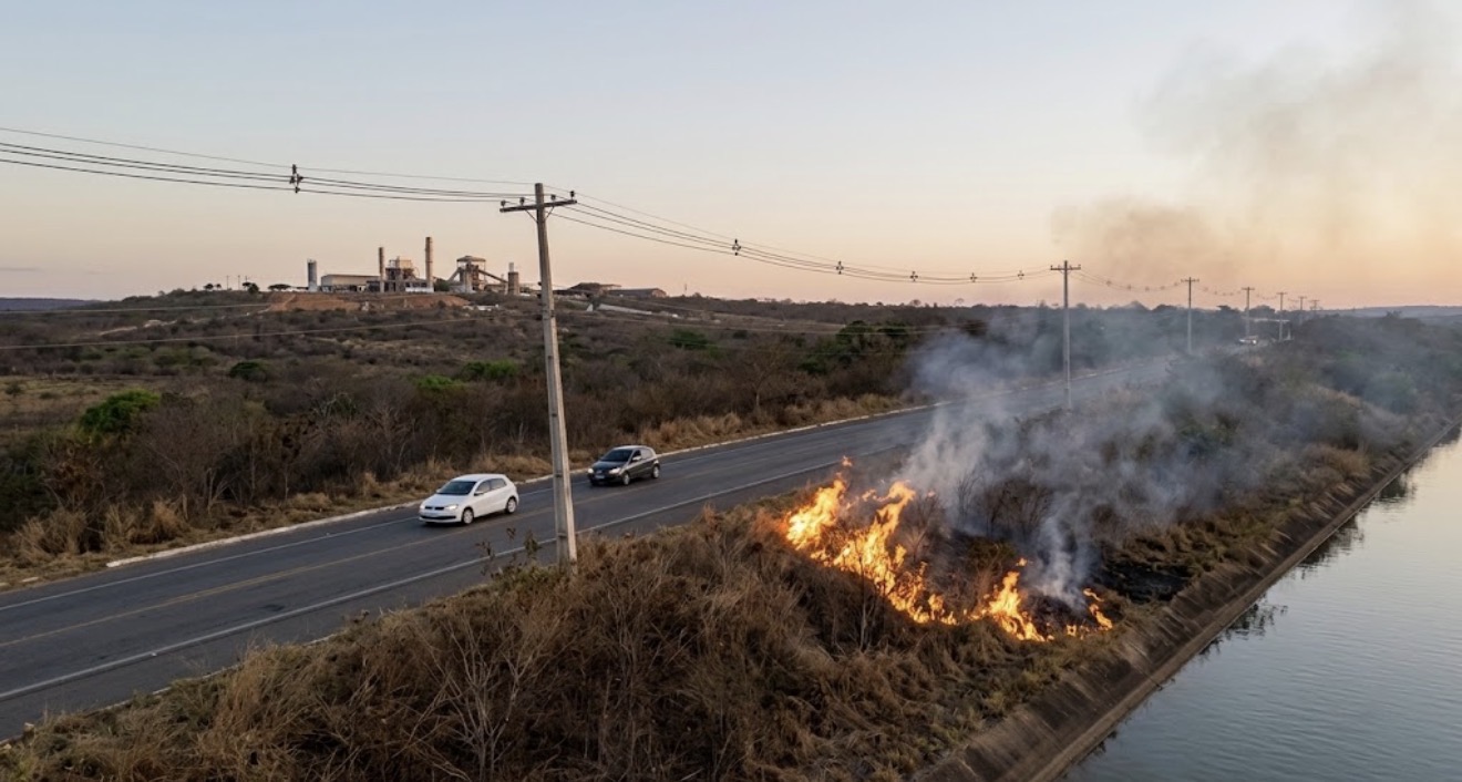 Incêndio atinge vegetação às margens do açude na entrada de Tavares